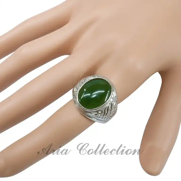 12x16mm Taiwan Jade Men's Ring – Alloy Setting, US Sizes 9-10.75, Natural Gemstone