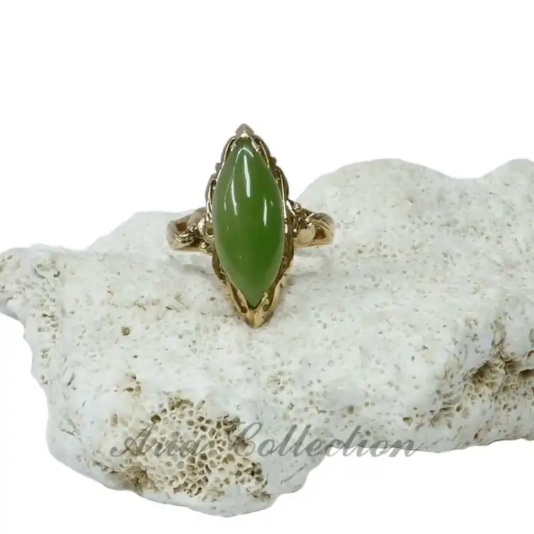 Natural Taiwan Nephrite Jade 8x18mm Marquise Shape 14K Gold Ring