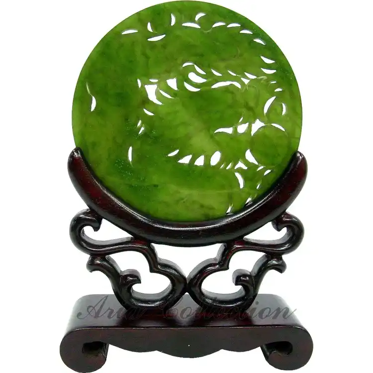 Hand Carved Taiwan Jade Dragon Screen with Wooden Stand 9x13.5cm