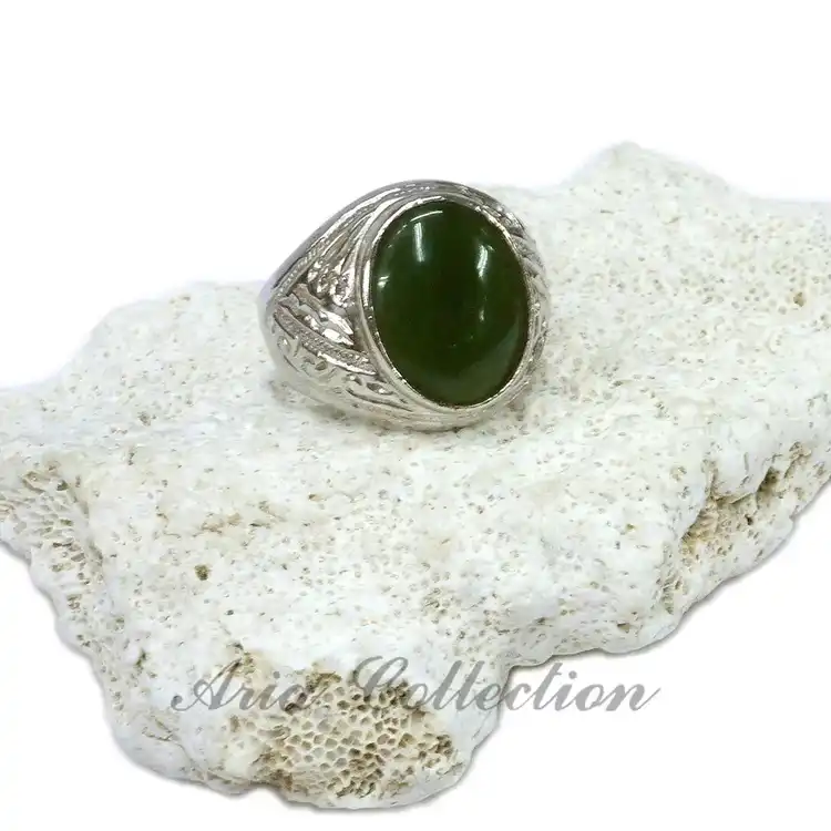12x16mm Taiwan Jade Men's Ring – Alloy Setting, US Sizes 9-10.75, Natural Gemstone