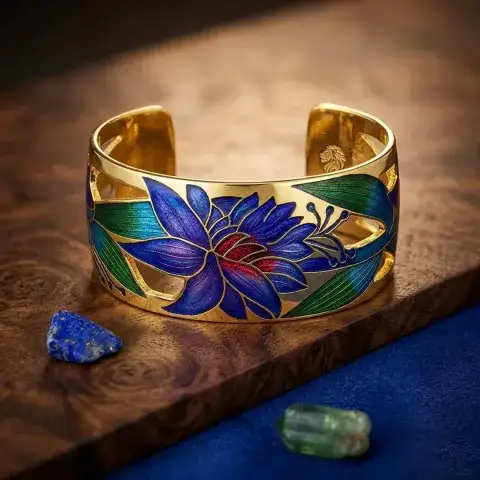 Handcrafted Hard Enamel Cloisonné Copper Bracelet with Floral Pattern Design