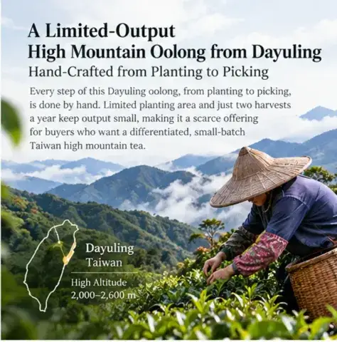 Taiwan Dayuling High Mountain Oolong Tea: Hand-Crafted, Limited Harvest, Wholesale Ready