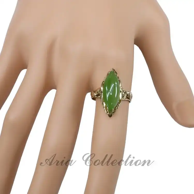 Natural Taiwan Nephrite Jade 8x18mm Marquise Shape 14K Gold Ring