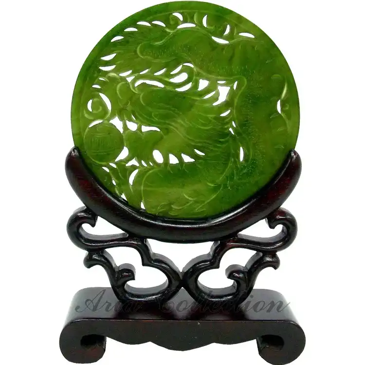Hand Carved Taiwan Jade Dragon Screen with Wooden Stand 9x13.5cm