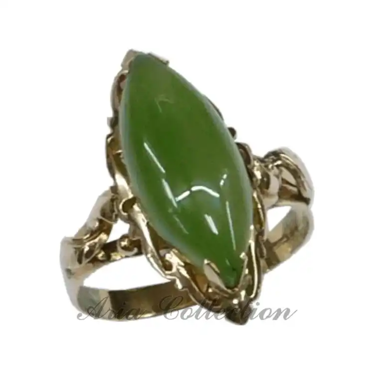 Natural Taiwan Nephrite Jade 8x18mm Marquise Shape 14K Gold Ring